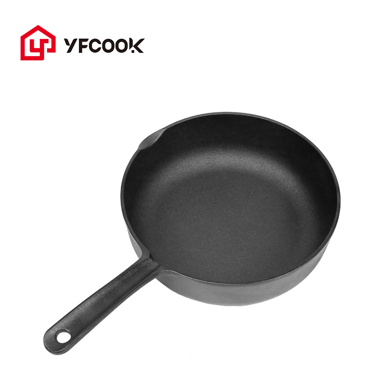 Factory Outlet 25CM Preseasoned Nonstick Frying Pan Cast Iron Flat Bottom Korean Deep Wok Pan with Long Handle