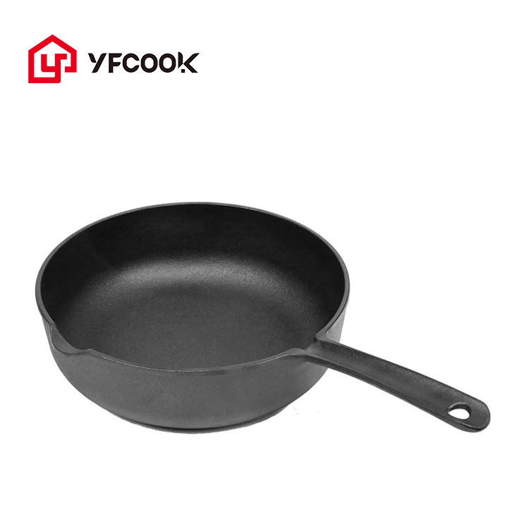 Factory Outlet 25CM Preseasoned Nonstick Frying Pan Cast Iron Flat Bottom Korean Deep Wok Pan with Long Handle