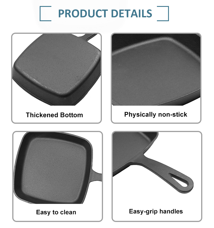 Wholesale Pre-seasoned 24CM Kitchen Cookware Square Non stick Cast Iron Skillet Frying Pan with Long Handle